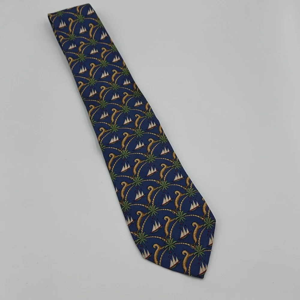 Salvatore Ferragamo Mens Silk Tie Blue Nautical Palm Tree Sailboat Made in Italy